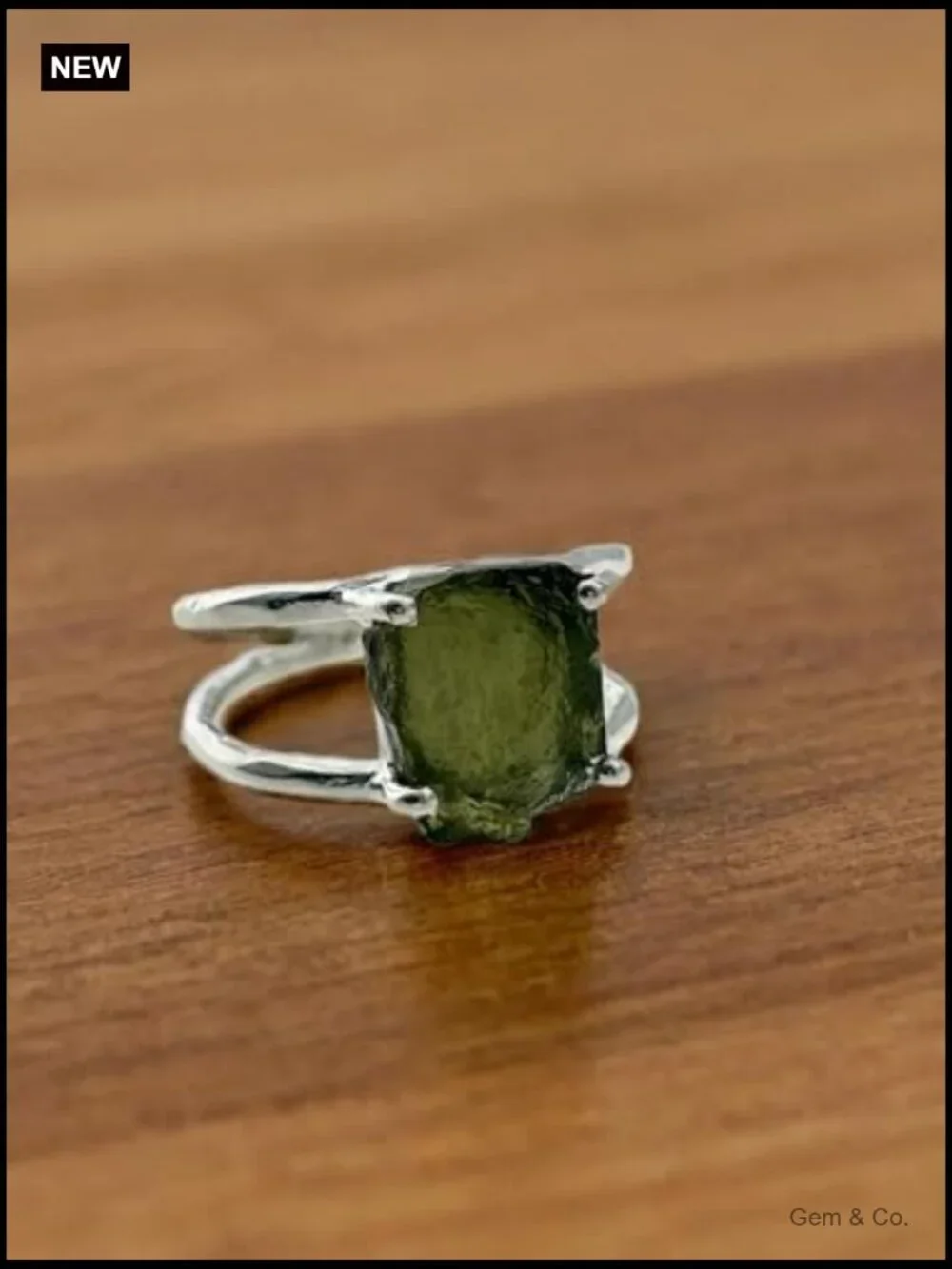 Rough Moldavite Silver Ring 925 Sterling Gemstone Certified Czech Statement Ring